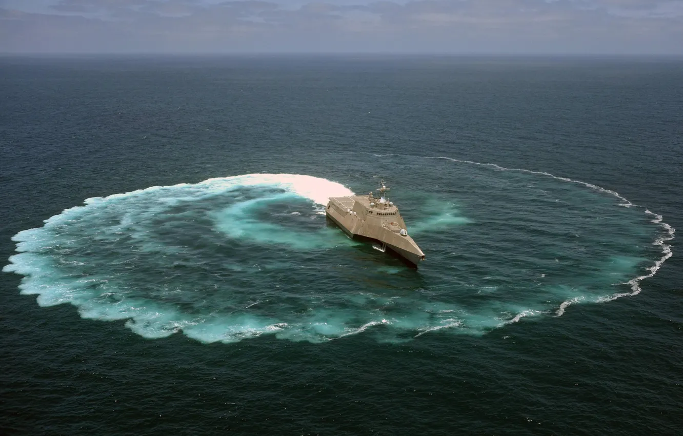 Фото обои океан, корабль, круг, маневр, США, прибрежный, ВМС, тип судна
