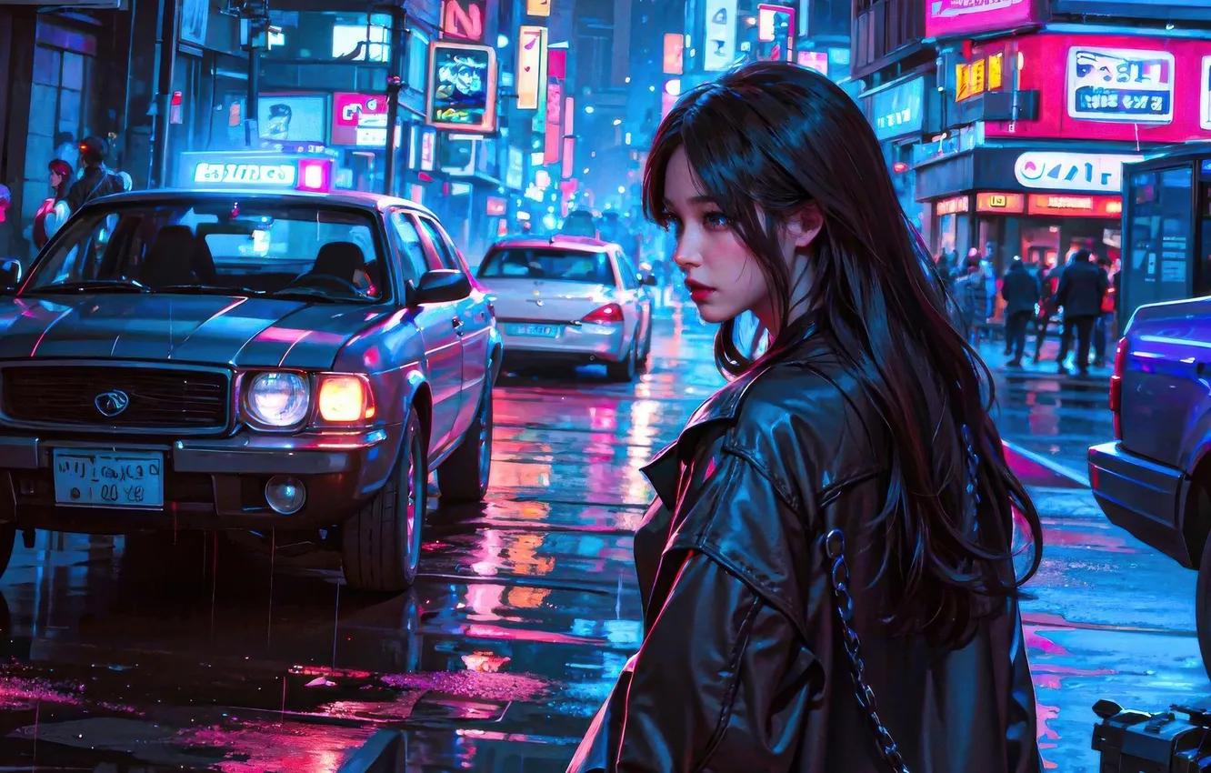 Фото обои city, girl, night, brunette, ai art