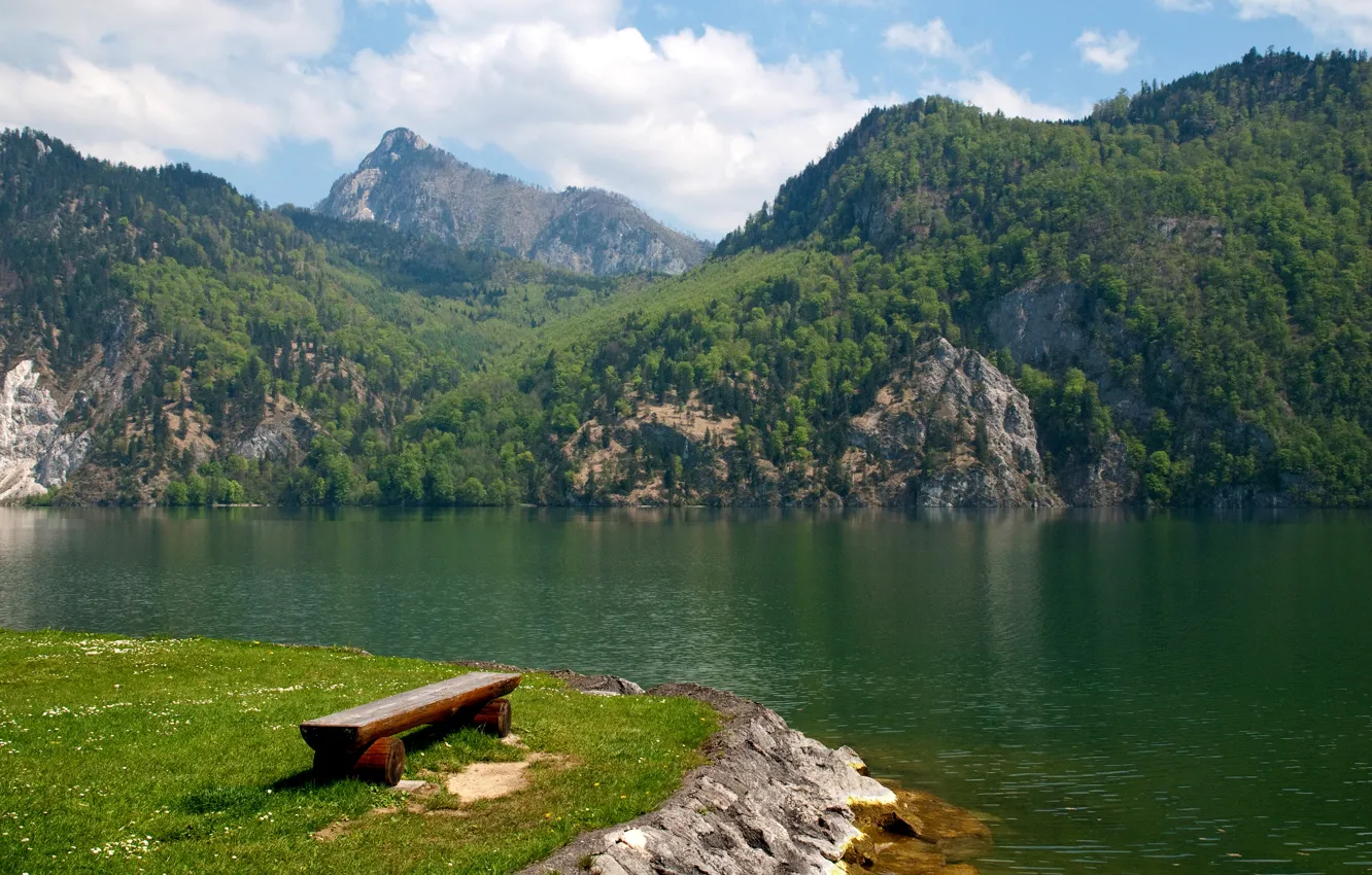 Фото обои лес, облака, деревья, горы, озеро, берег, Австрия, лавочка