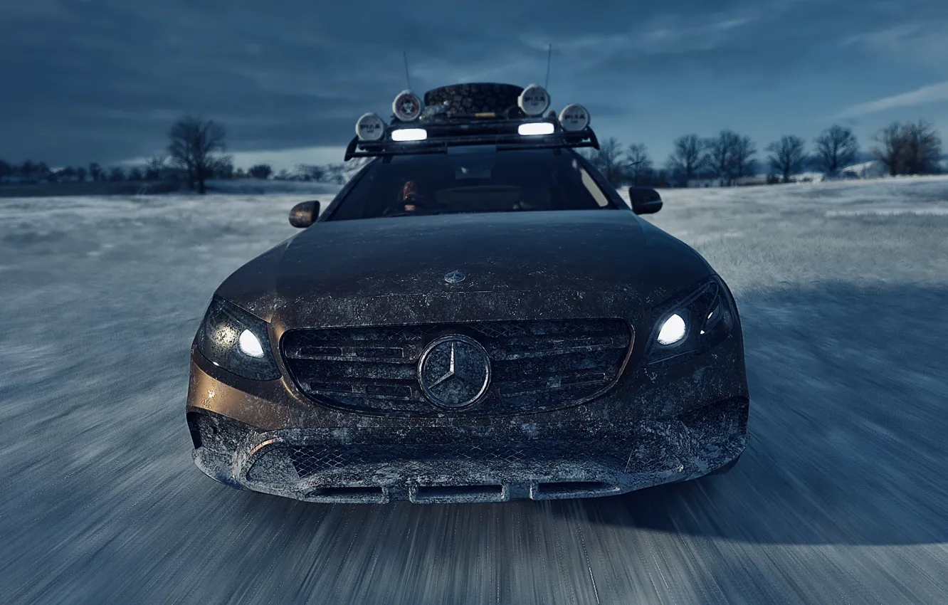 Фото обои HDR, Mercedes, Benz, Clouds, Winter, Landscape, Lights, Snow
