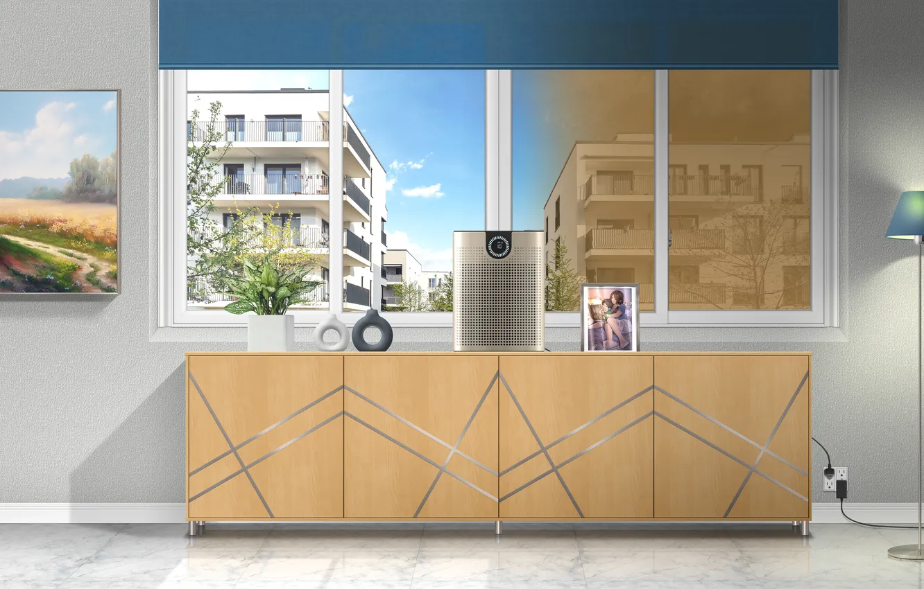 Фото обои living room, vase, Sideboard, air purifier, asian dust, yellow dust, tabletop photo frame