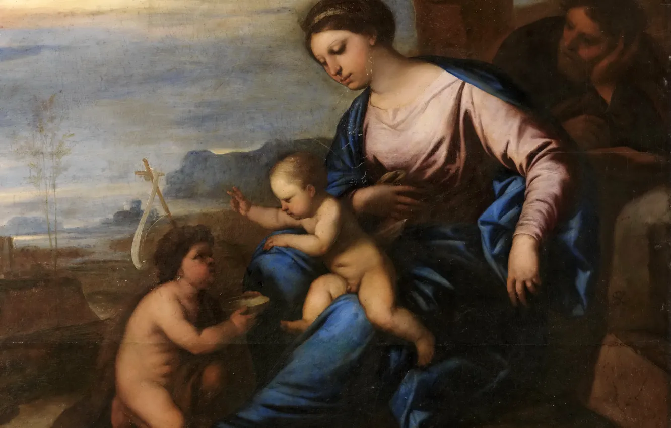 Фото обои картина, мифология, Лука Джордано, Святое Семейство с Маленьким Иоанном Крестителем