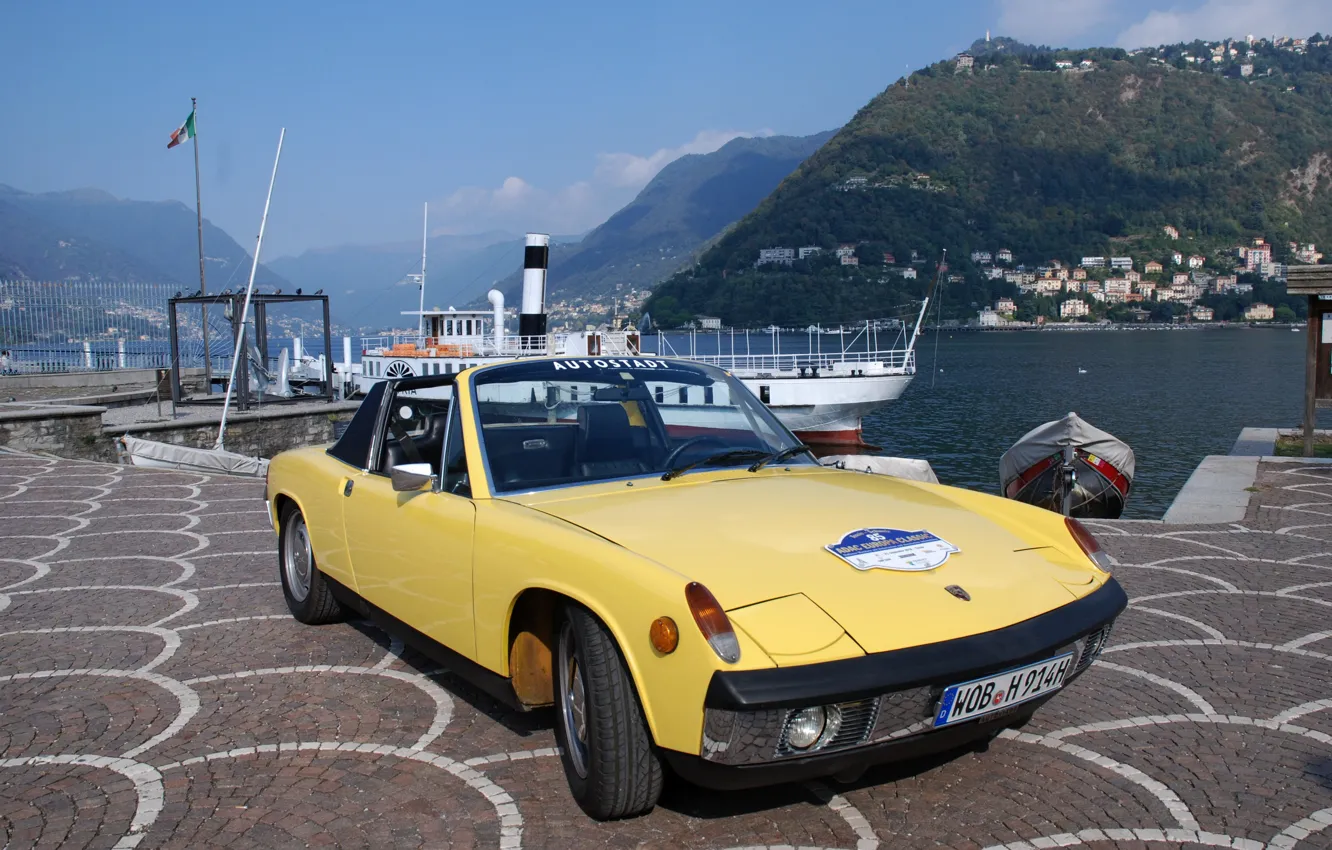 Фото обои жёлтый, пристань, Porsche, Volkswagen, 1970, тарга, 914, VW-Porsche