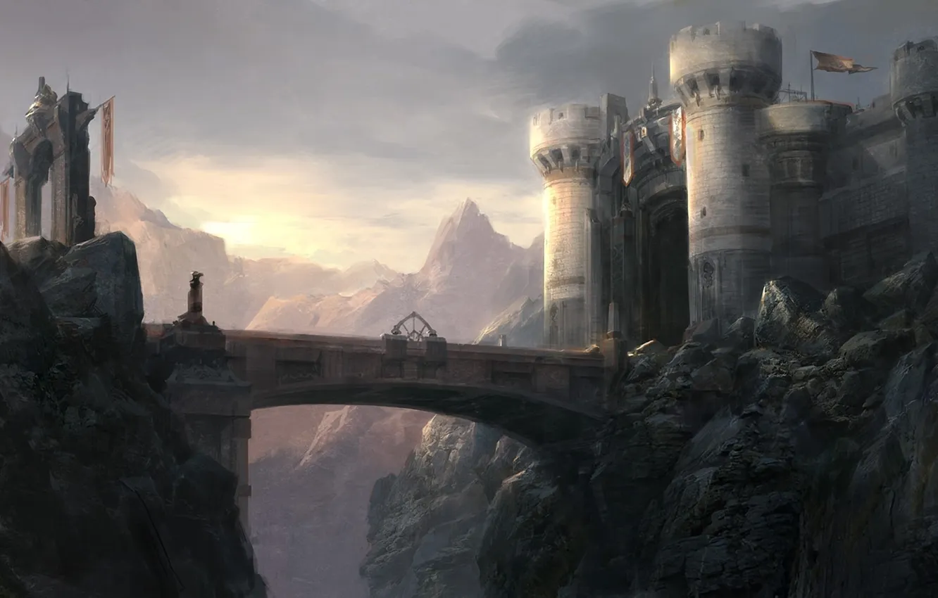 Фото обои горы, мост, замок, скалы, арт, крепость