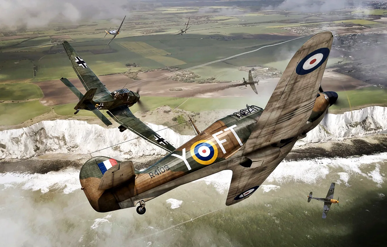 Фото обои Битва за Британию, 1940, Bf.109E, WWII, Hawker Hurricane Mk.I, Белые скалы Дувра, Ju.87B, 43 Sqn …