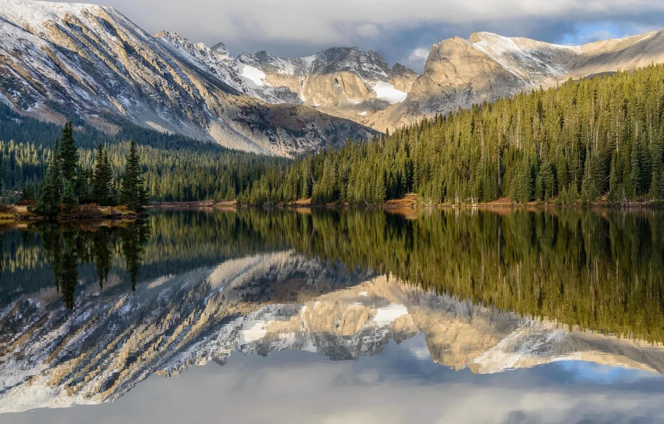 Фото обои лес, горы, отражение, Колорадо, Colorado, Long Lake, Indian Peaks Wilderness, Navajo Peak