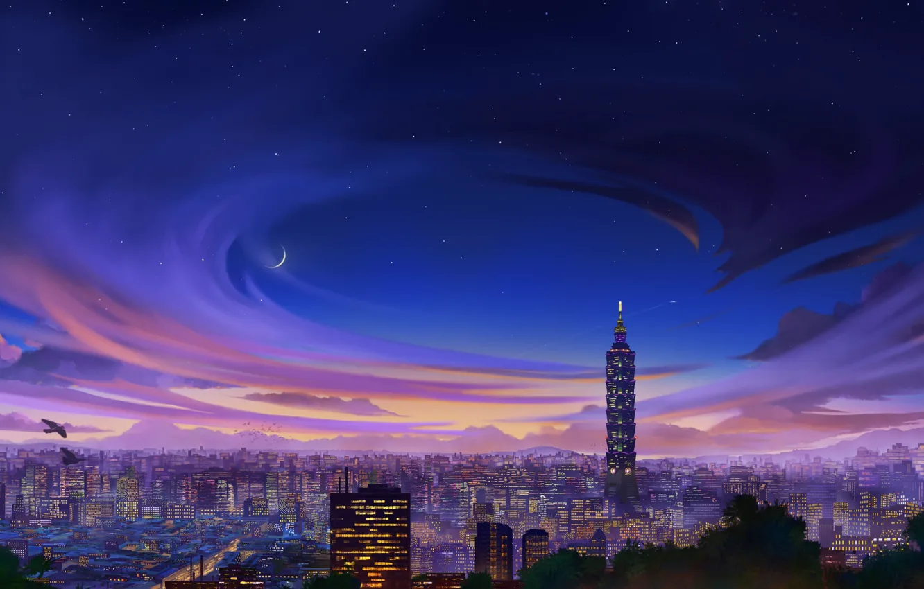 Фото обои Вечер, Рисунок, Город, Тайвань, City, Арт, Тайбэй, Небоскреб