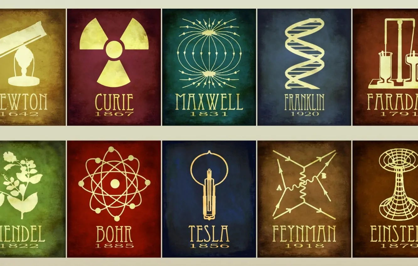 Фото обои Tesla, Einstein, Franklin, Mendel, Faraday, Feynman, Maxwell, Curie