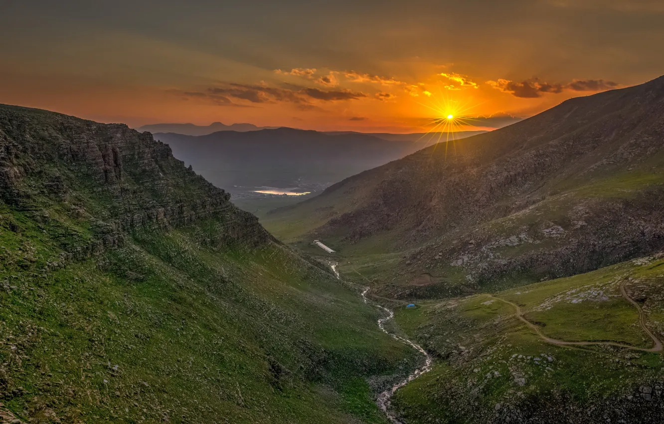 Фото обои солнце, пейзаж, закат, горы, природа, красота