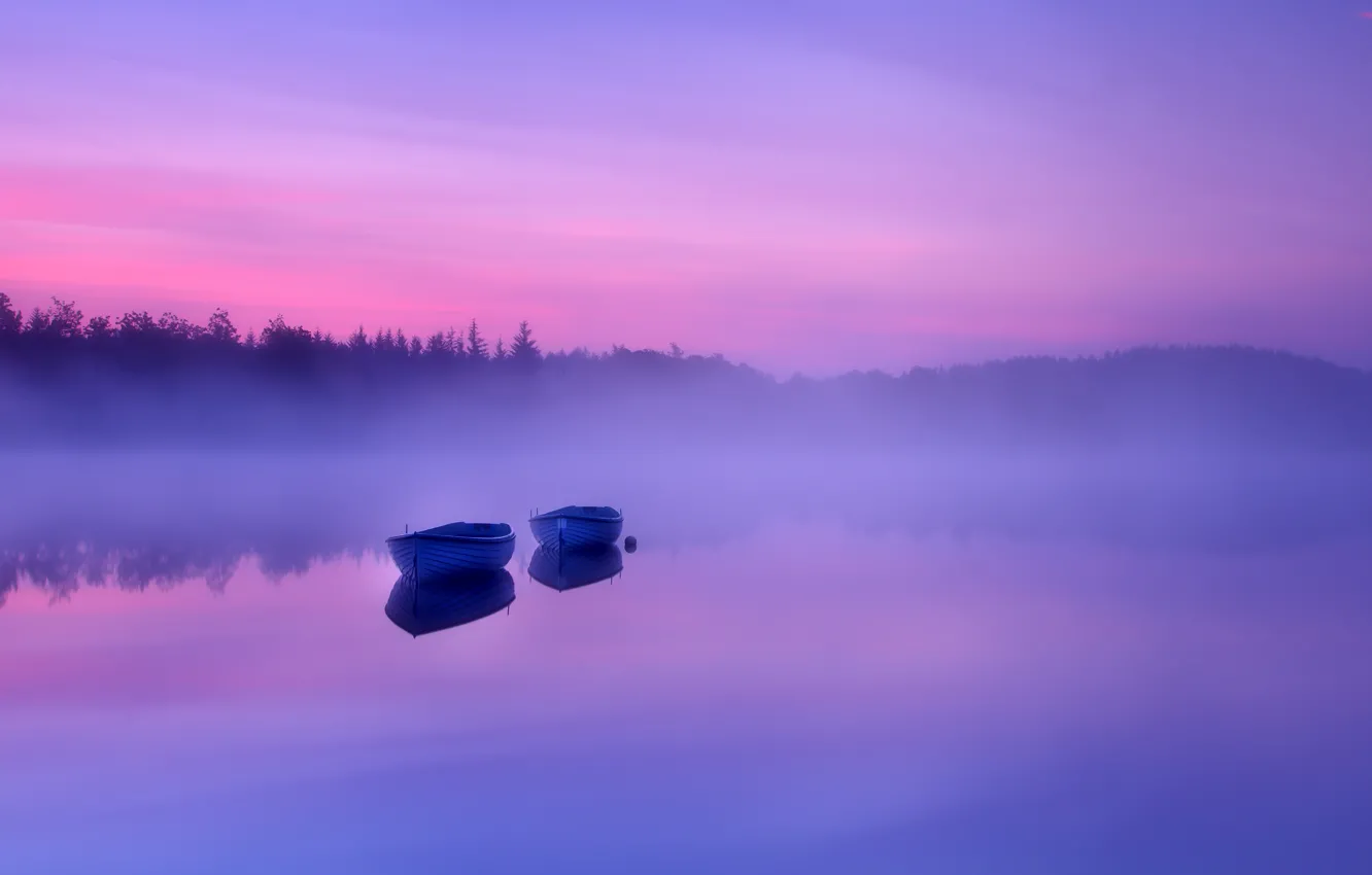 Фото обои туман, река, фото, лодки