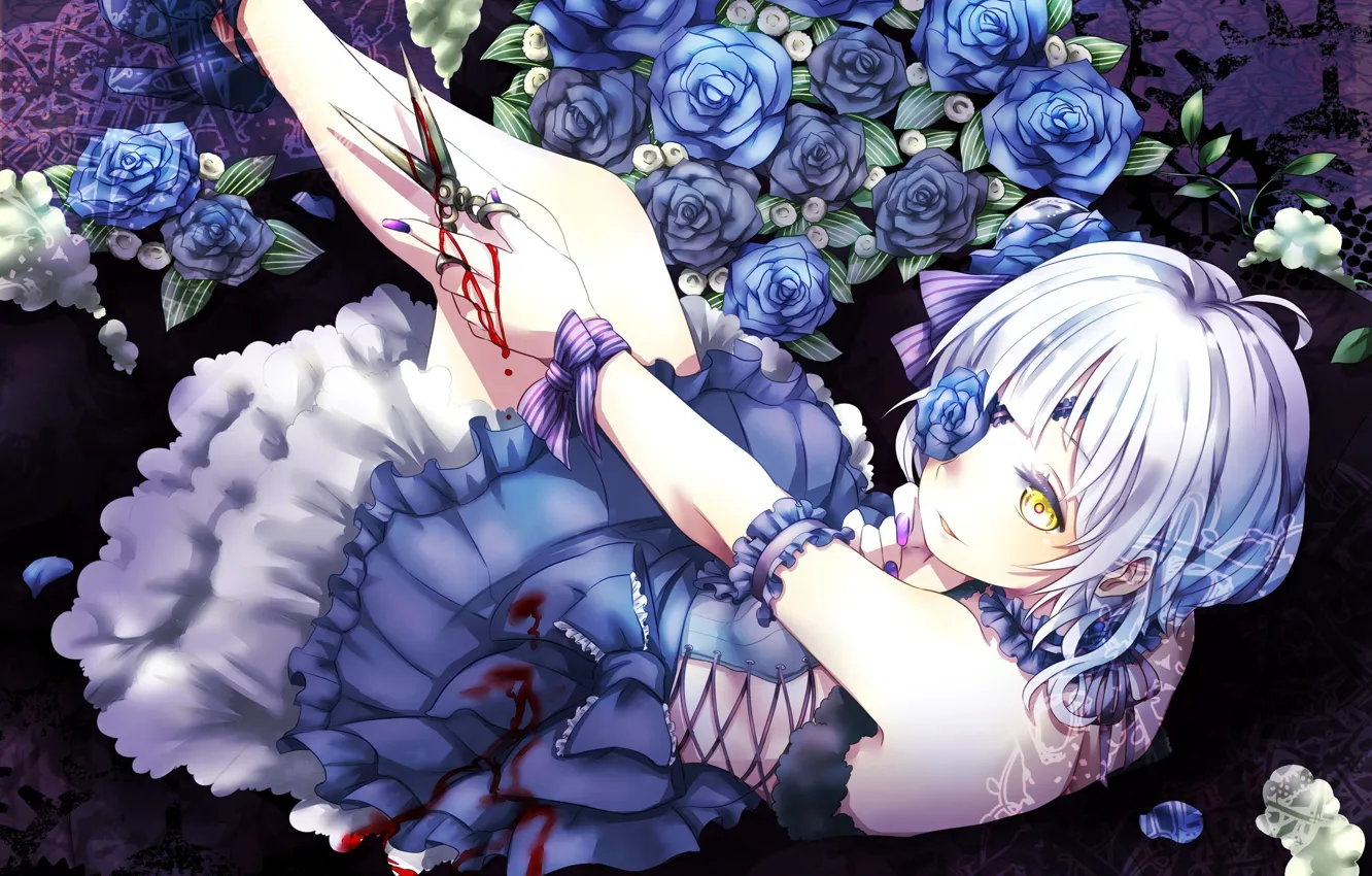 Фото обои кровь, розы, голубые, бант, rozen maiden, ножницы, шнуровка, оборки