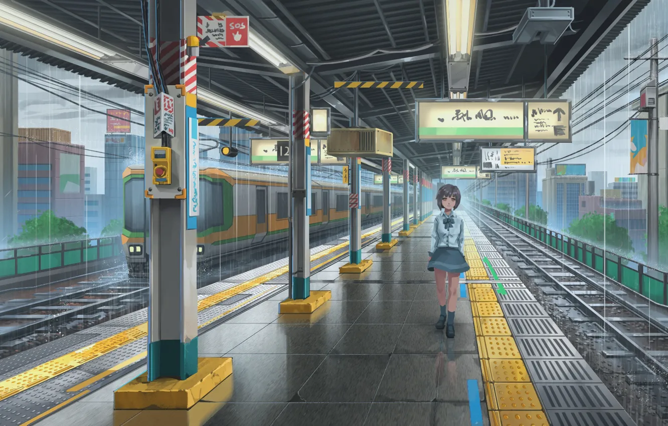 Фото обои девушка, дождь, поезд, станция