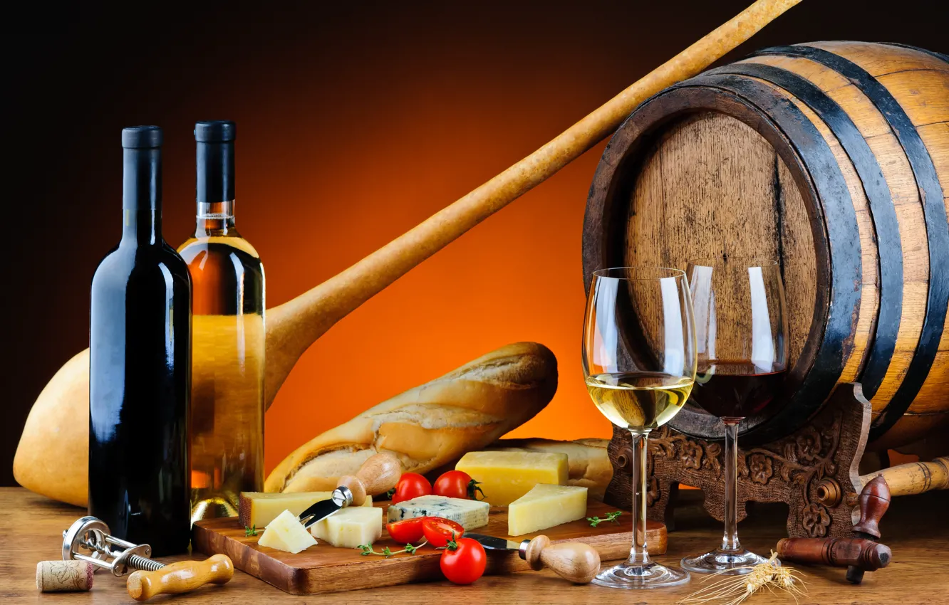 Фото обои вино, красное, белое, сыр, бокалы, хлеб, бутылки, помидоры