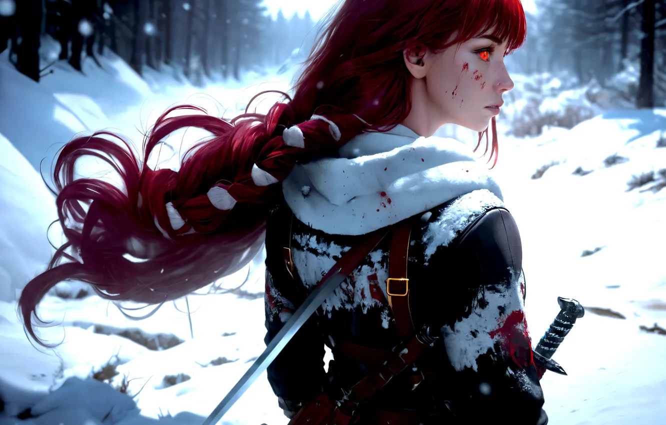 Фото обои girl, sword, blood, fantasy, forest, trees, Warrior, winter