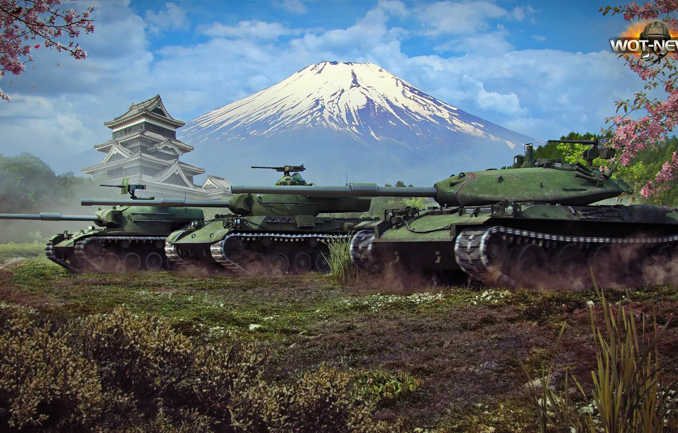 Фото обои природа, гора, Япония, сакура, трио, японцы, мир в танках, Type 61