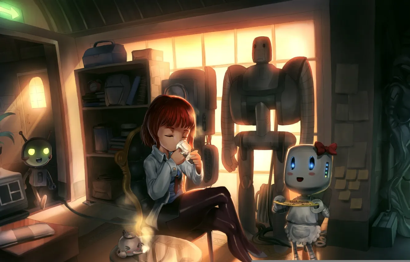 Фото обои свет, стол, комната, роботы, окно, чаепитие, Девочка, шкаф