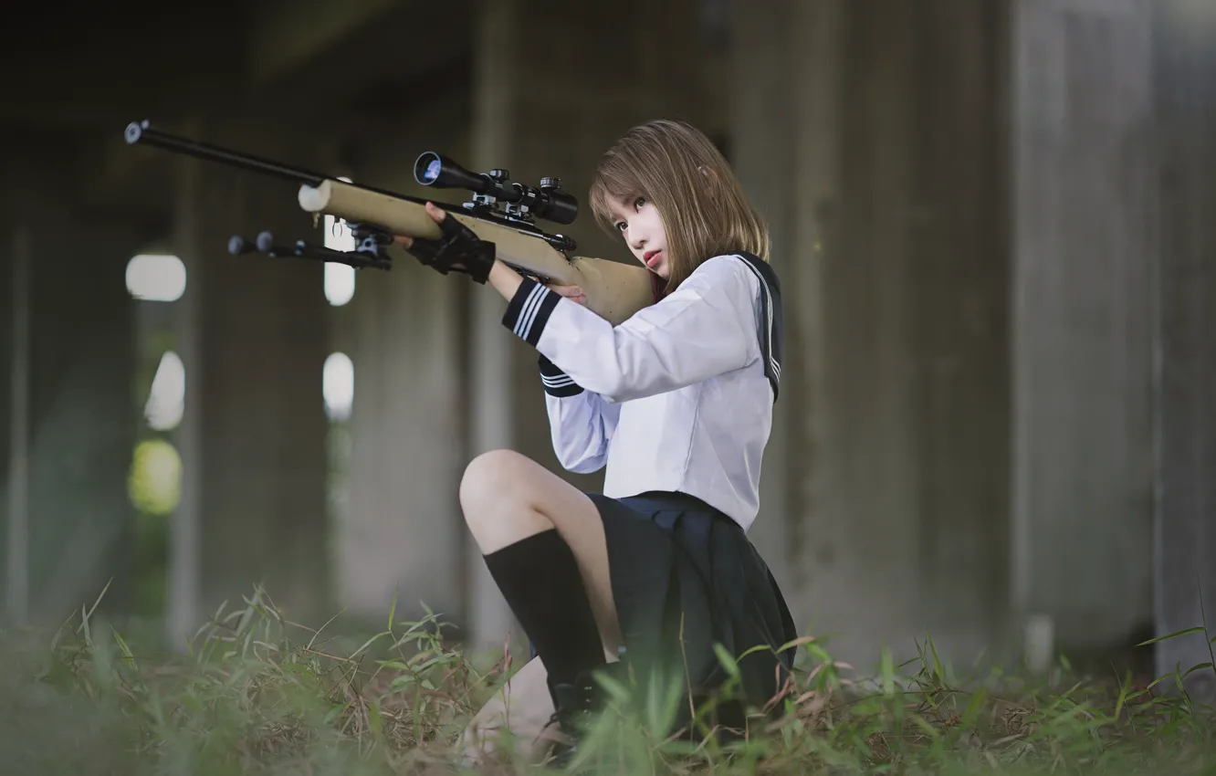Фото обои девушка, снайперская винтовка, восточная