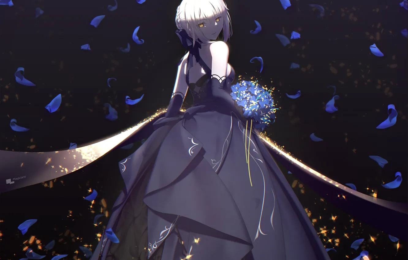 Фото обои девушка, розы, сейбер, Saber Alter, Fate / Grand Order, Судьба великая кампания, бальное платье