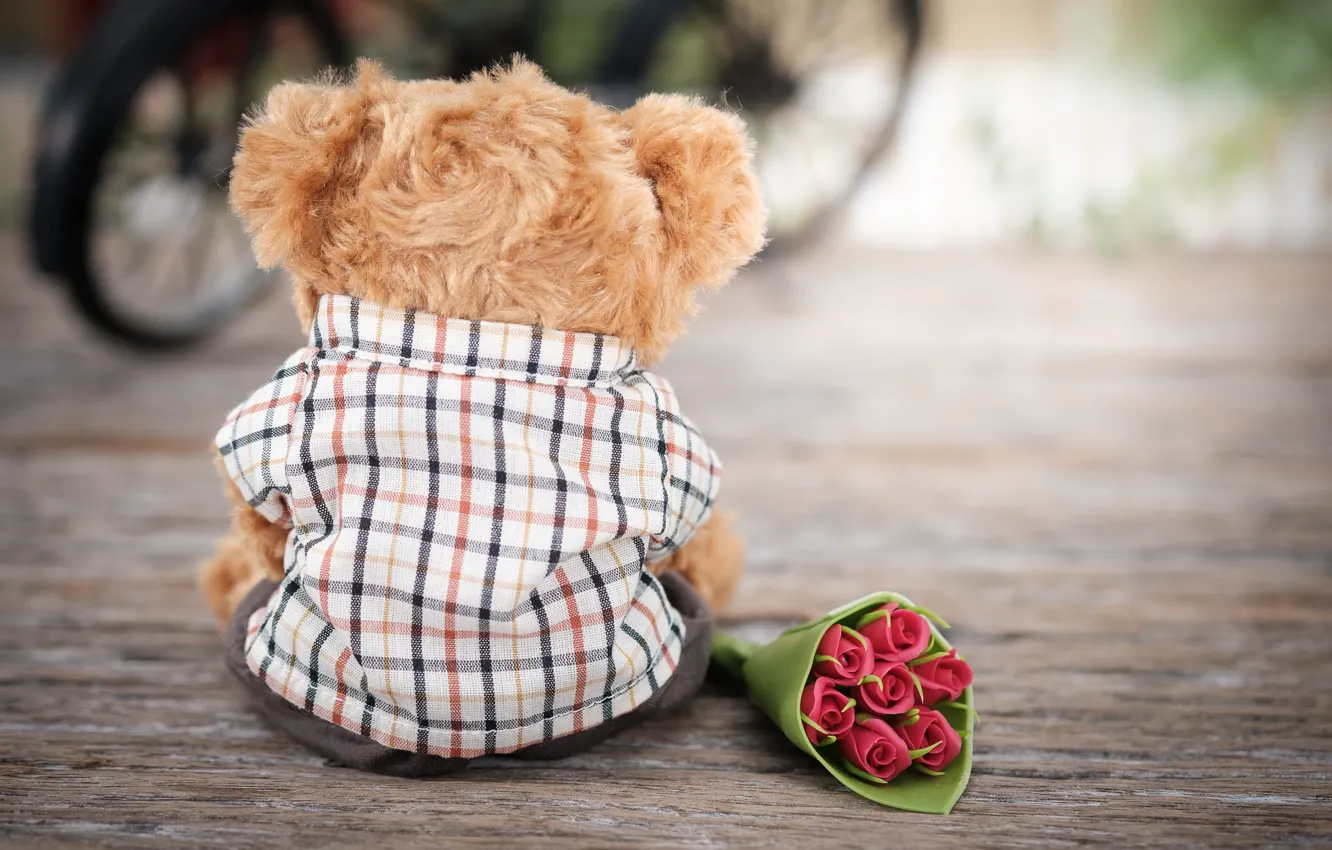 Фото обои любовь, цветы, игрушка, розы, букет, медведь, love, bear