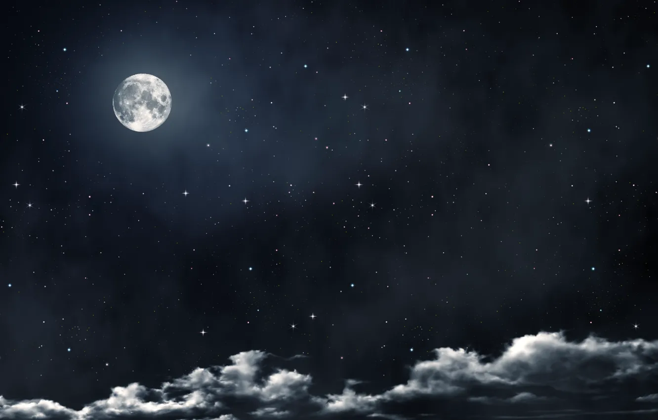 Фото обои облака, ночь, луна, звёзды