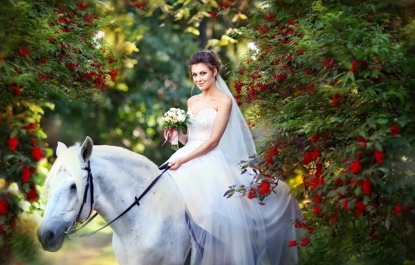 Фото обои осень, белый, девушка, цветы, улыбка, парк, настроение, конь