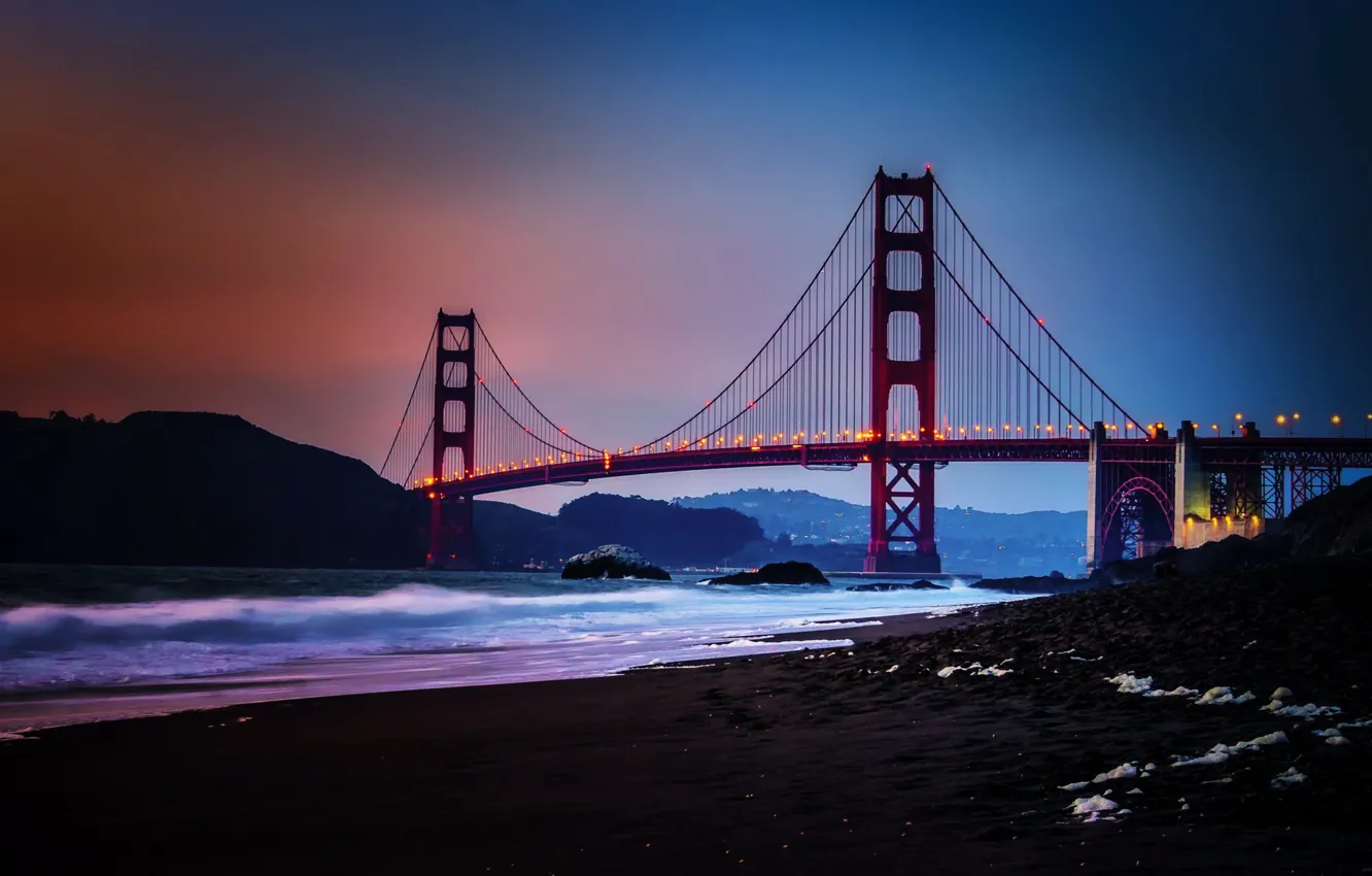Фото обои City, Nature, Sky, Bridge, Water, Sunset, San Francisco, Golden