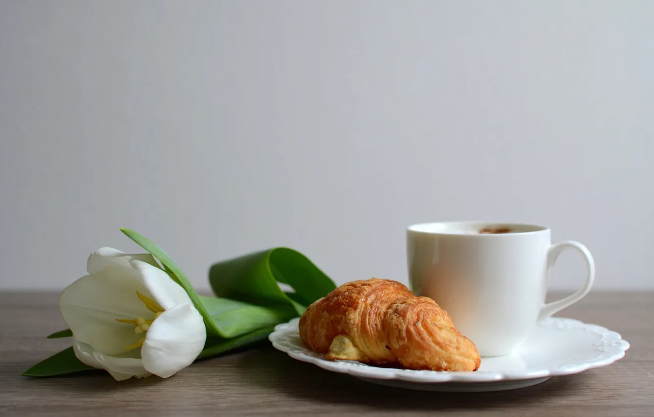 Фото обои белый, цветок, стол, тюльпан, кофе, завтрак, тарелка, чашка