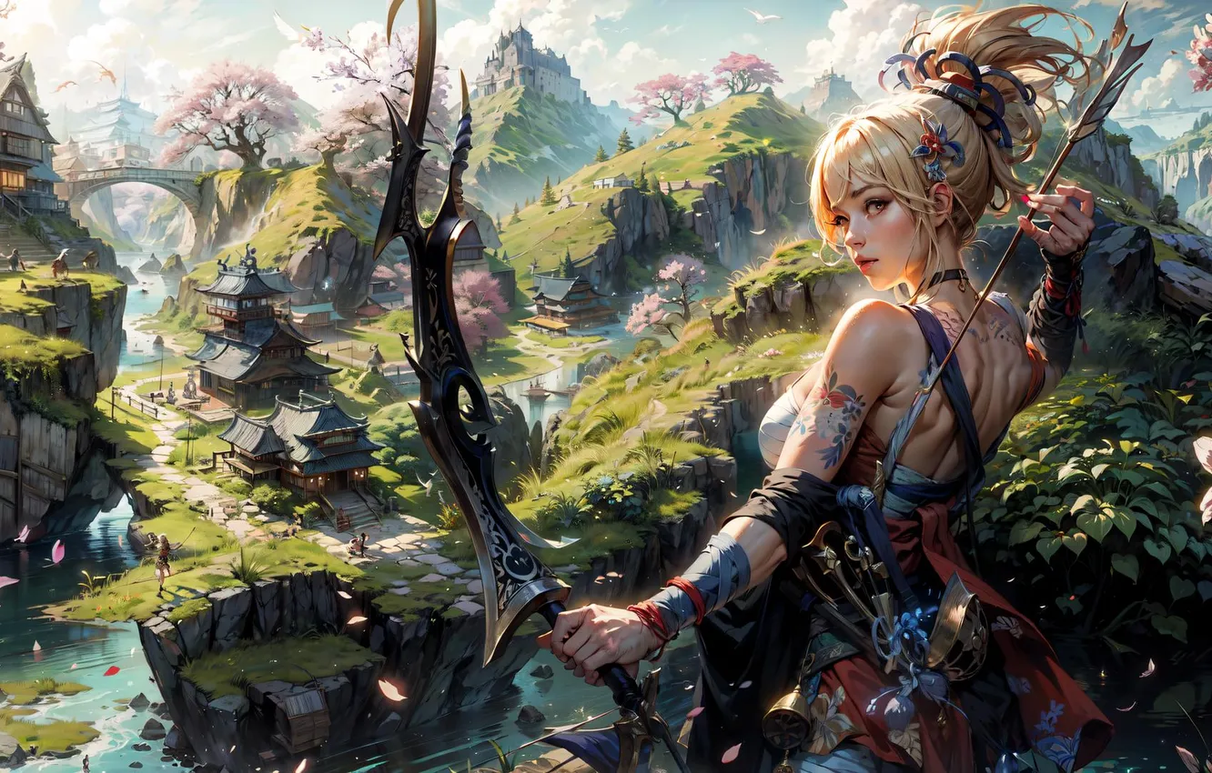 Фото обои girl, forest, bow, arrows, archer, ai art