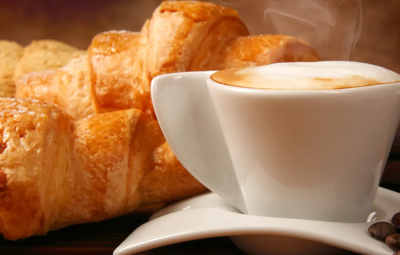 Фото обои кофе, кофейные зерна, аромат, пенка, coffee, круассаны, coffee beans, croissants