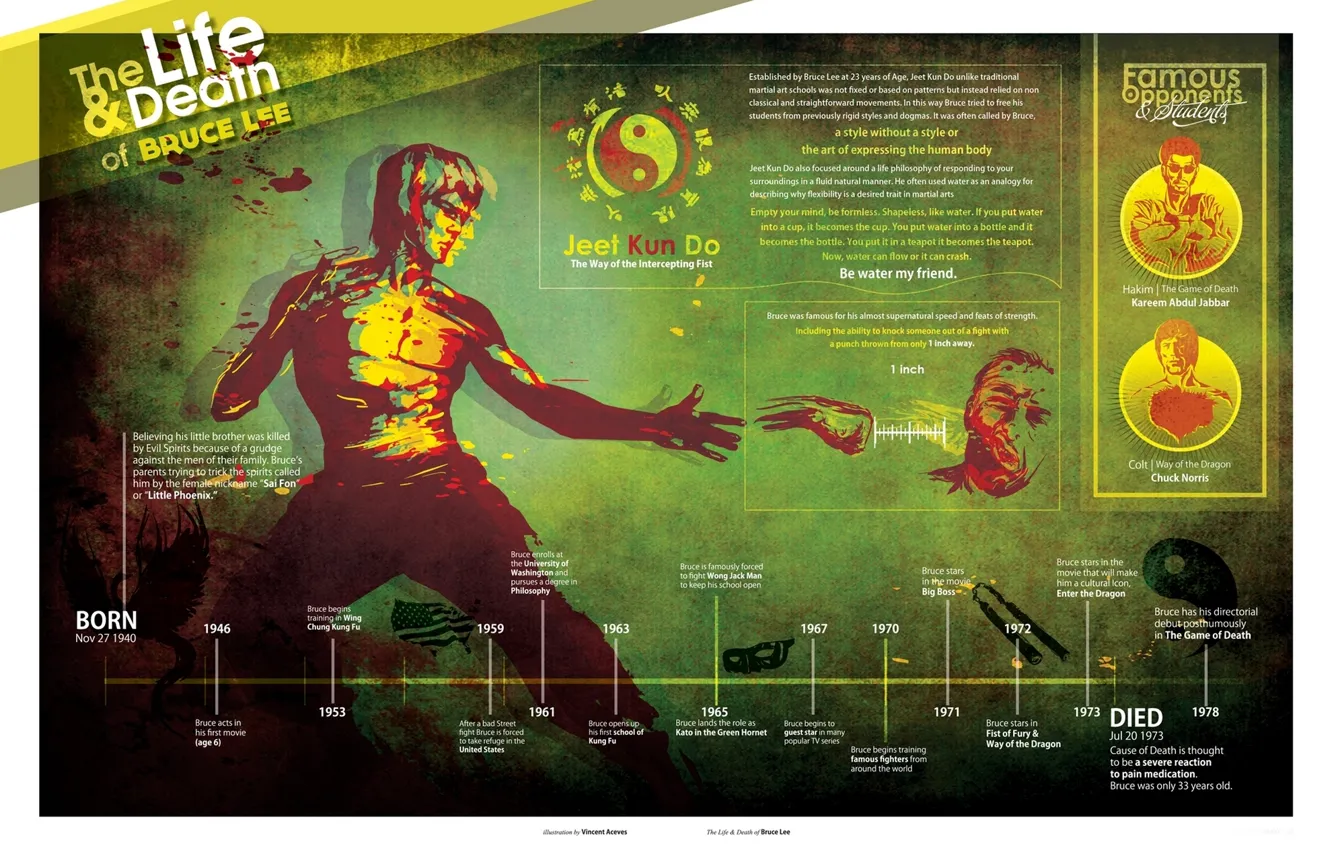 Фото обои мастер, история, учитель, Bruce Lee, Брюс Ли, infographic, джит кун до, life and death