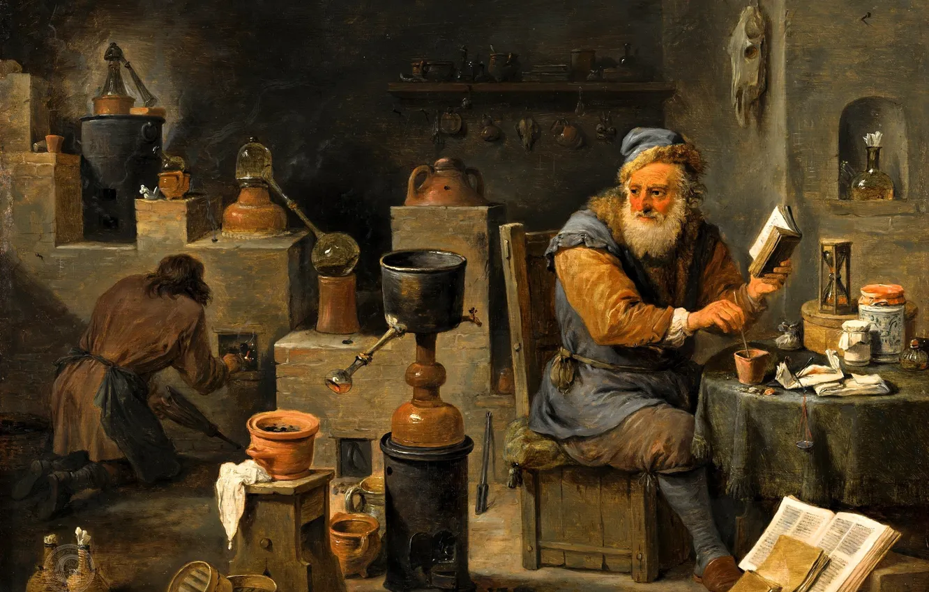 Фото обои стол, люди, книги, мастерская, технология, оборудование, мастера, David Teniers the Younger