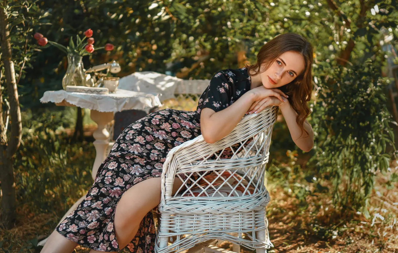 Фото обои взгляд, девушка, природа, поза, кресло, руки, Дмитрий Усманов