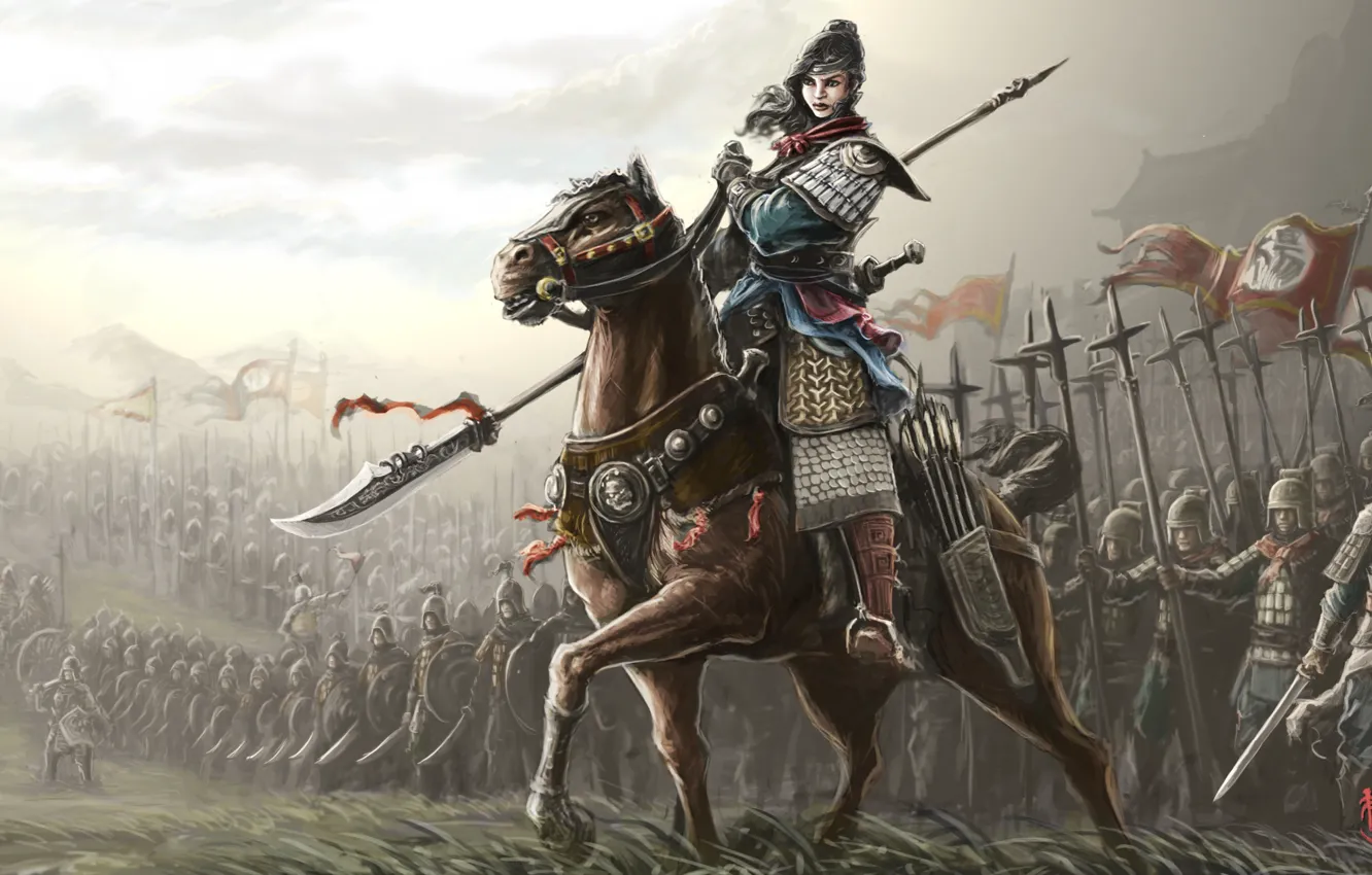 Фото обои девушка, оружие, фантастика, конь, доспехи, арт, флаги, воины