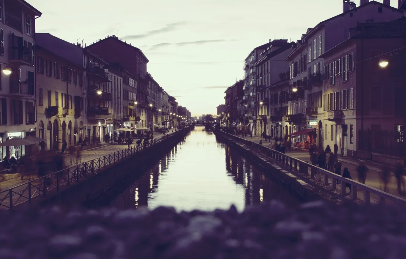 Фото обои river, Italy, sunset, street, people, houses, Milan, Milano