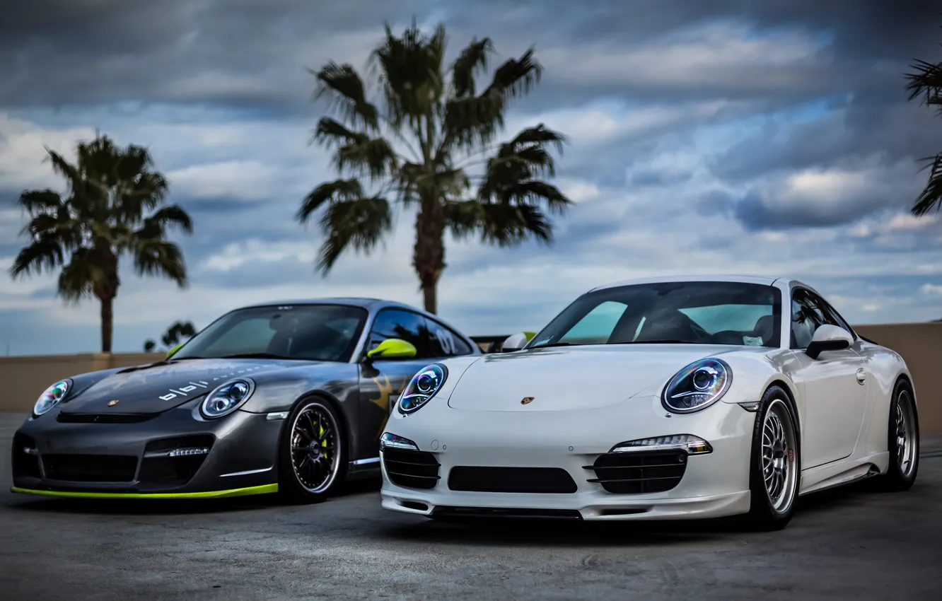 Фото обои белый, небо, тучи, пальмы, серебро, 911, Porsche, silver
