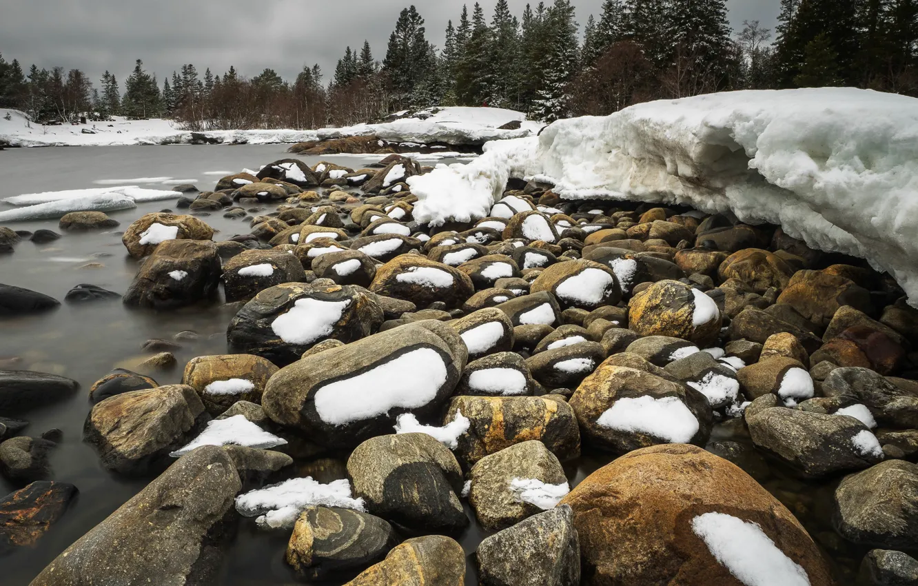 Фото обои снег, река, камни