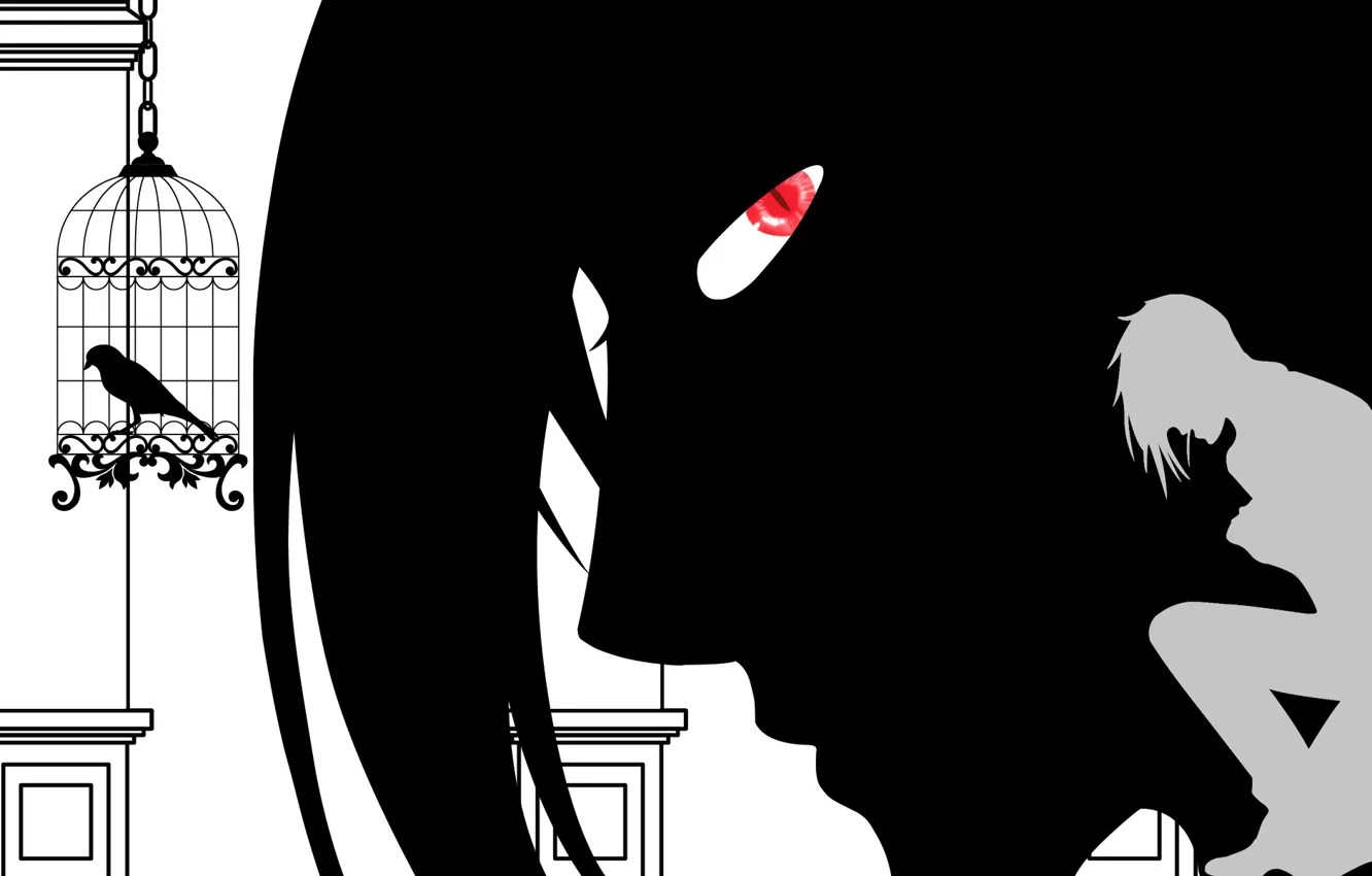 Фото обои демон, красный глаз, темный дворецкий, Kuroshitsuji, Sebastian Michaelis, черный силуэт, птица в клетке, by Yana …