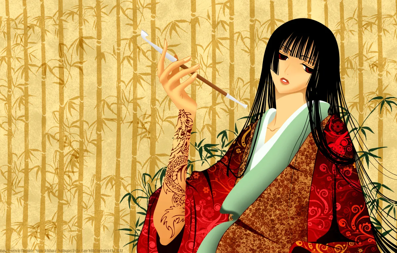 Фото обои девушка, трубка, бамбук, татуировка, кимоно, xxxholic, ichihara yuuko, триплексоголик