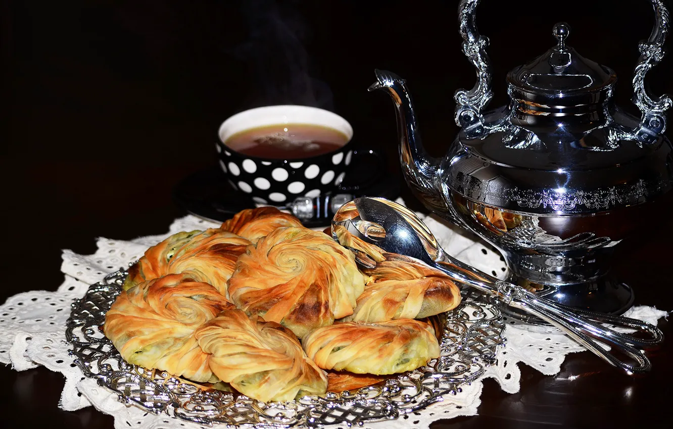Фото обои фон, чай, чайник, ложка, hot, выпечка, background, пирожки