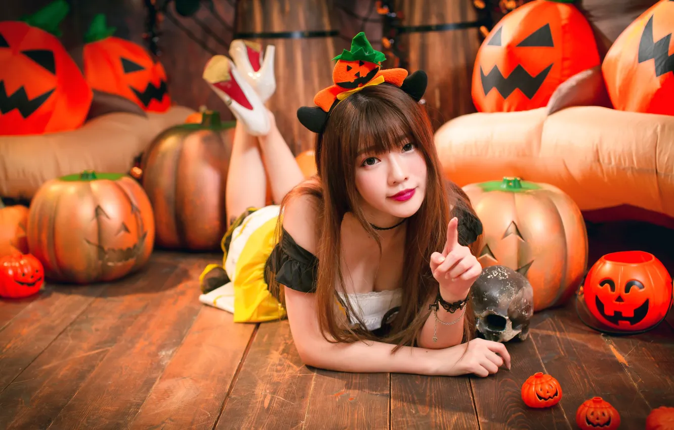 Фото обои девушка, череп, тыквы, Хеллоуин, азиатка