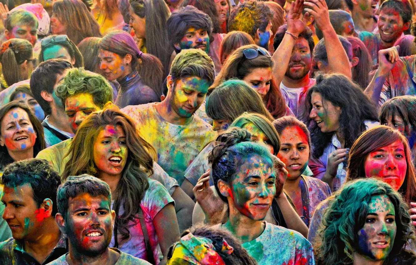 Фото обои радость, люди, праздник, краски, лица, HoliMadrid