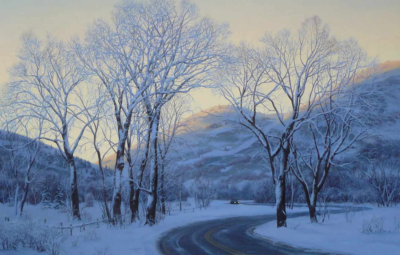 Фото обои зима, дорога, car, машина, снег, пейзаж, горы, вечер