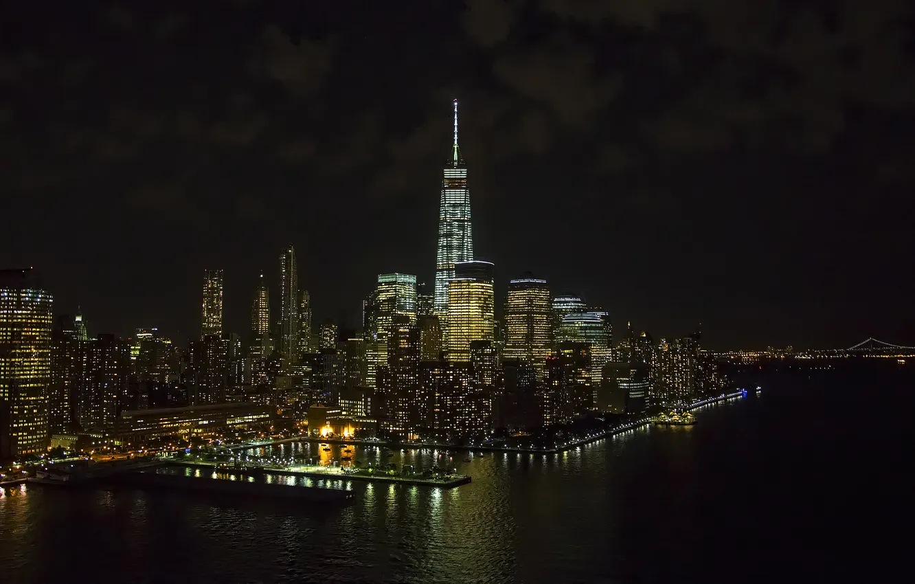 Фото обои облака, ночь, огни, отражение, Нью-Йорк, зеркало, Соединенные Штаты, 1WTC