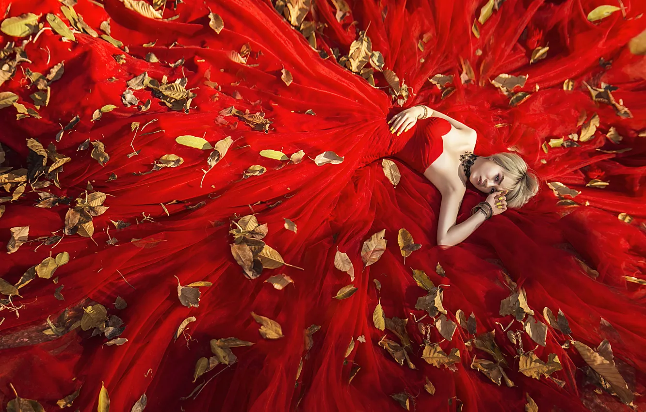Фото обои листья, девушка, лицо, красное, платье, лежит