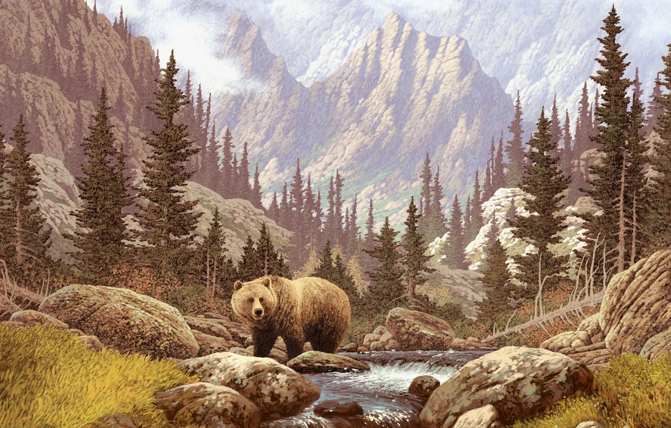 Фото обои лес, трава, горы, река, камни, картина, медведь, живопись