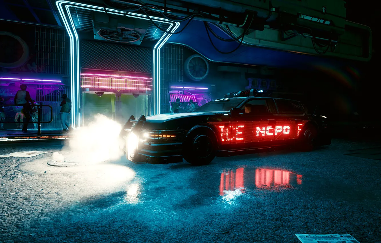 Фото обои Police, CD Projekt, Night City, Cyberpunk 2077 . Киберпанк