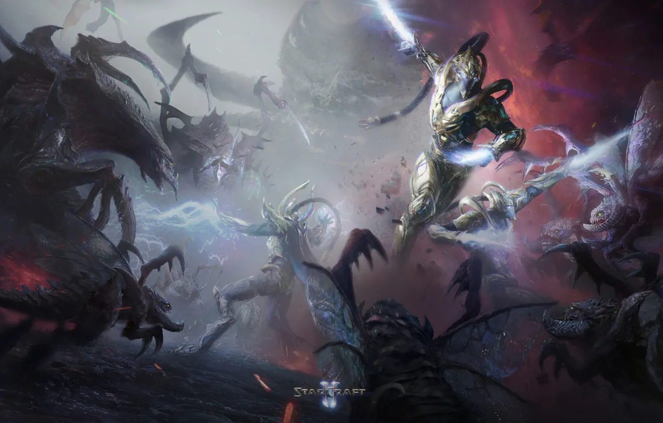 Фото обои starcraft, битва, клинок, зерги, стратегия, проточы