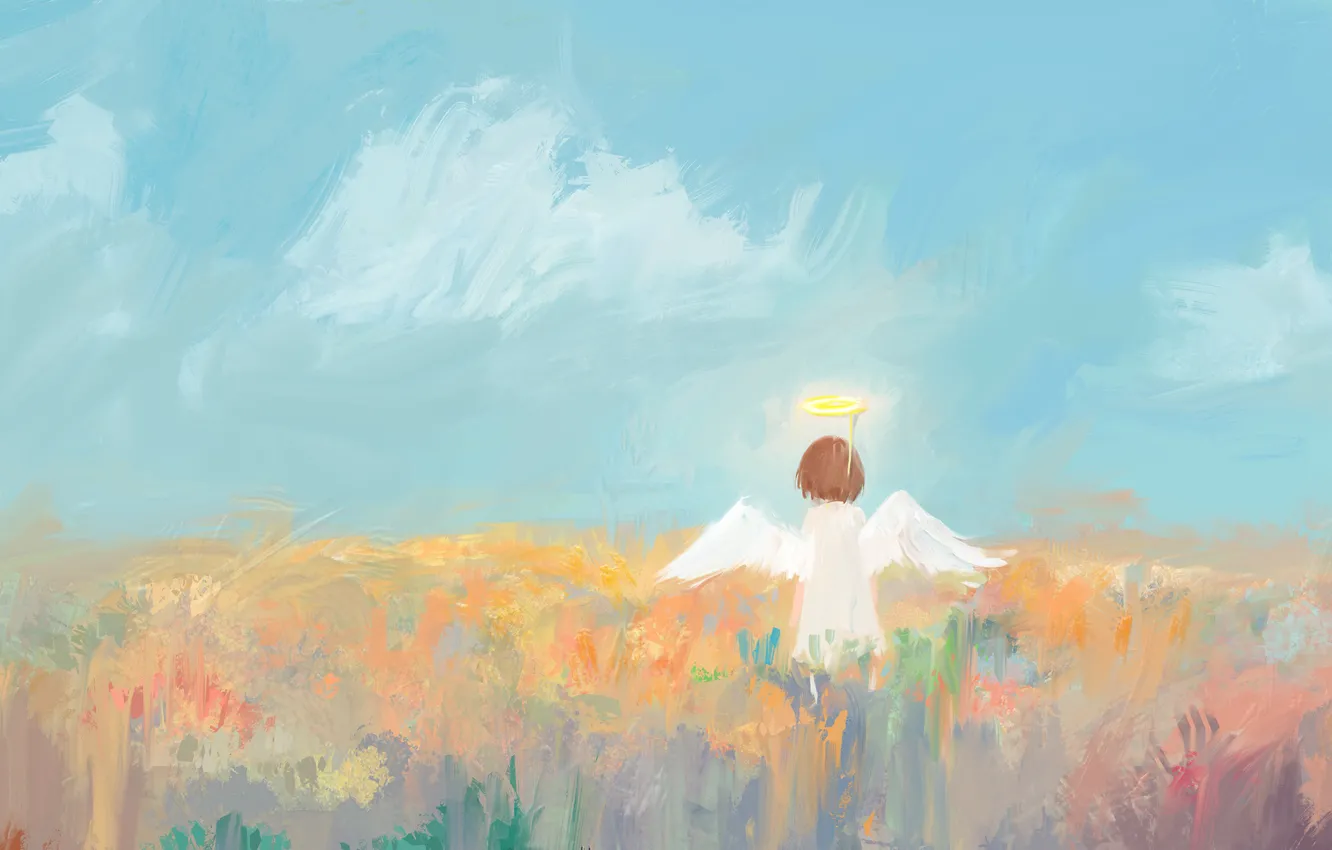 Фото обои небо, трава, ангел, девочка