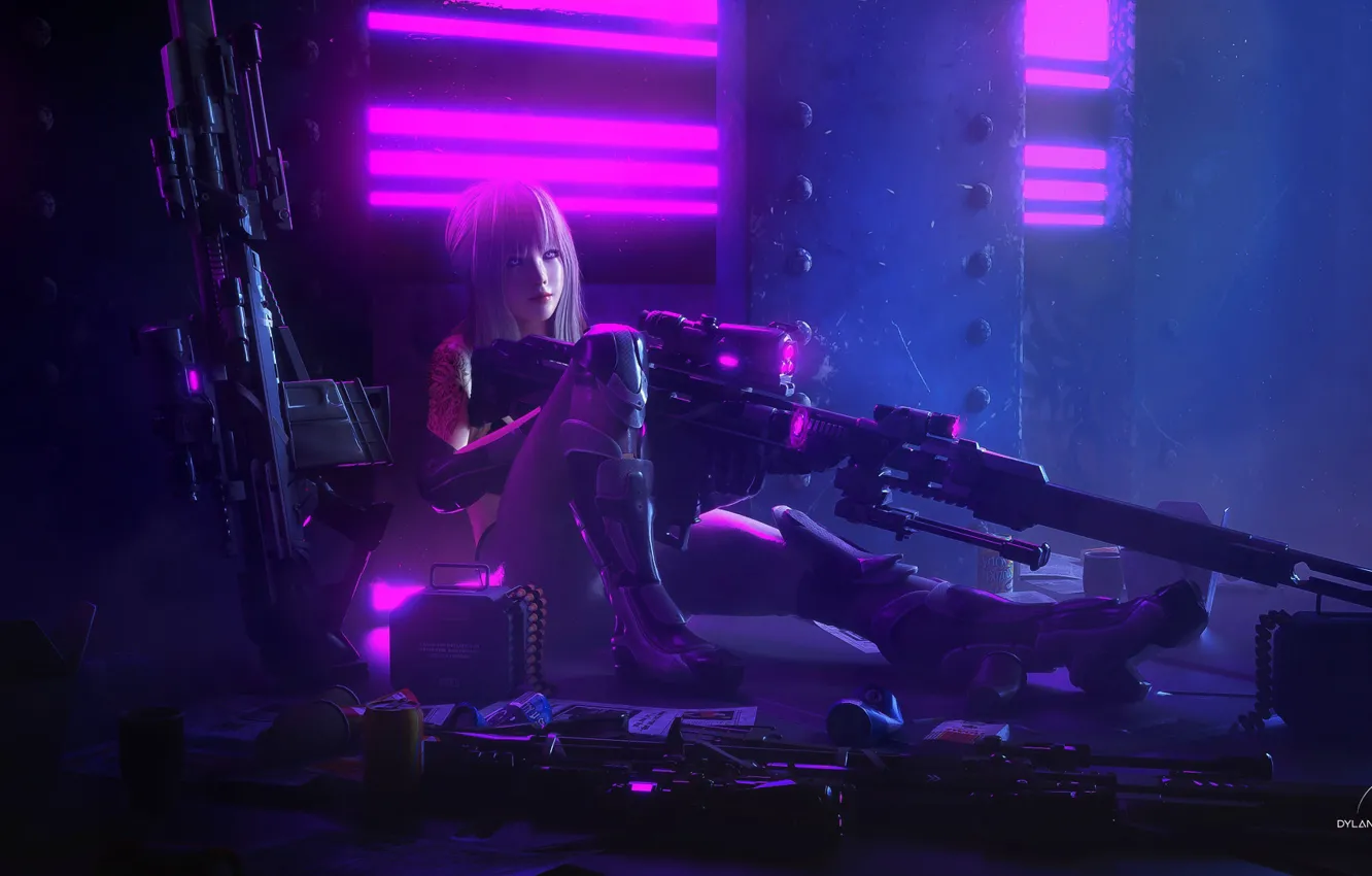 Фото обои взгляд, девушка, оружие, арт, киборг, Cyberpunk
