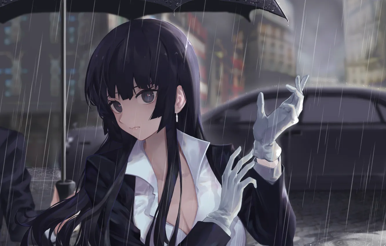 Фото обои машина, девушка, дождь, зонт